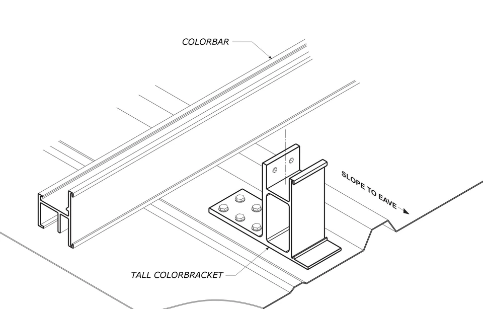 ColorBar screw-down snow rail with Tall ColorBracket on exposed-fastener metal roof panel